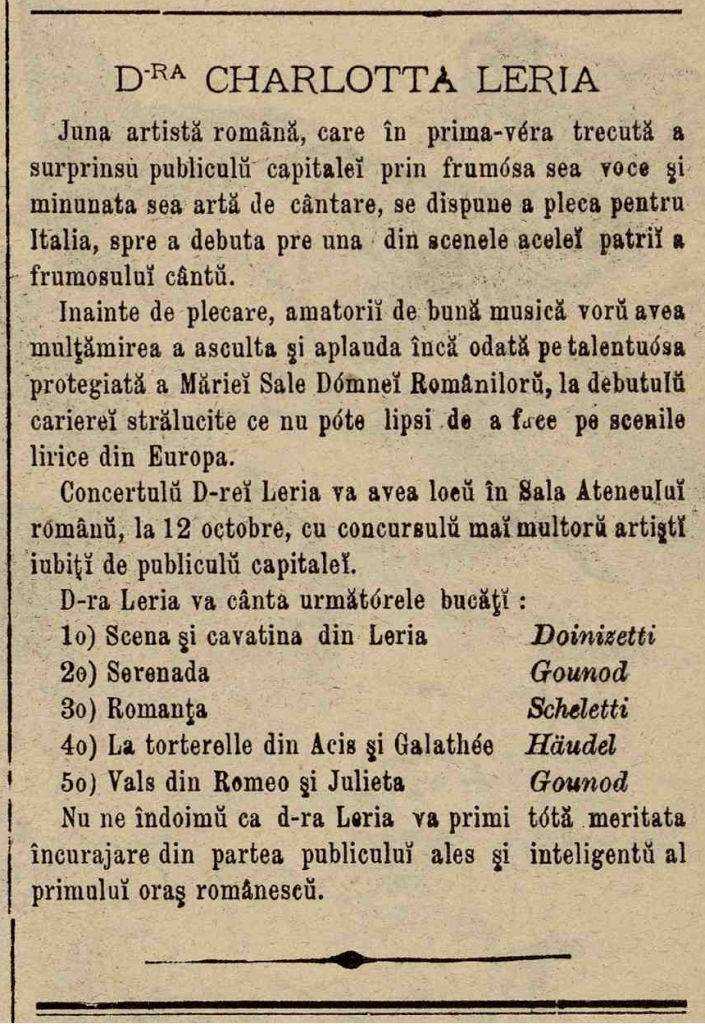 Un mic anunț despre Charlotta Leria, apărut în ziarul "Ghimpele", Nr.78 din 10 august 1878