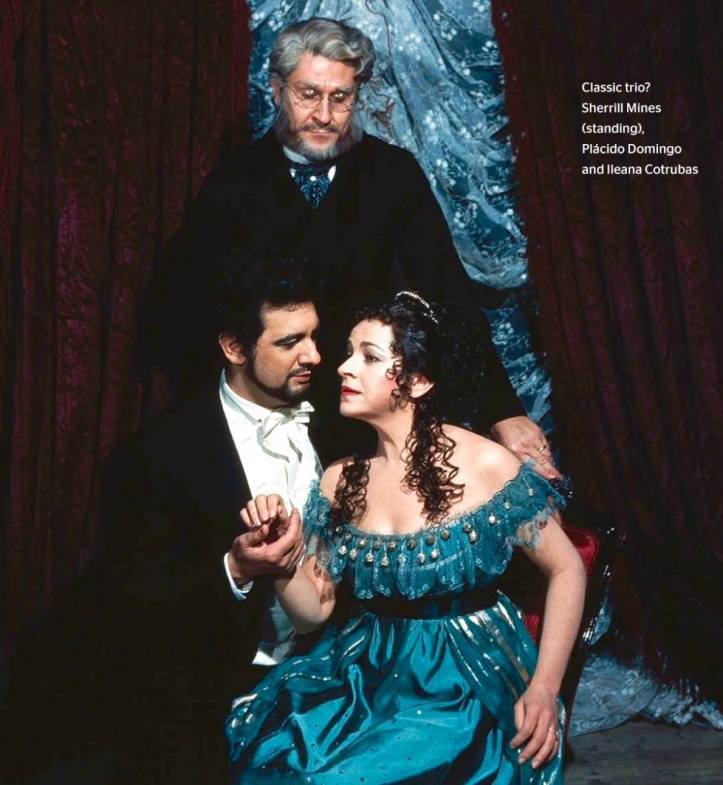 Un trio clasic? Sherill Milnes (în picioare), Plácido Domingo și Ileana Cotrubaș