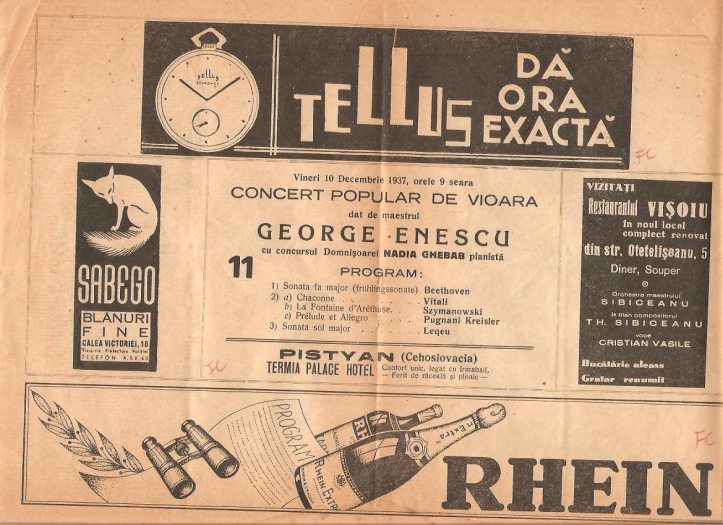 Concert popular de vioara, 10 decembrie 1937 În program: Szymanowski