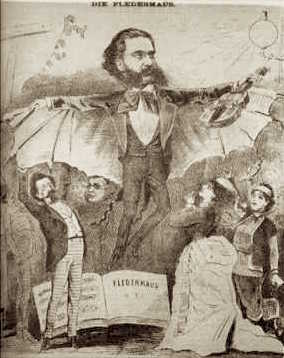 Johann Strauss-fiul, în ipostaza personajului său - Caricatură din presa austriacă, 1874