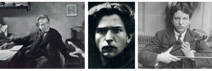 Chipuri ale compozitorului: (stânga) Enescu în apartmentul său din Paris, 1954; (centru) tânărul impresionant; (dreapta) cu instrumentul care l-a făcut faimos