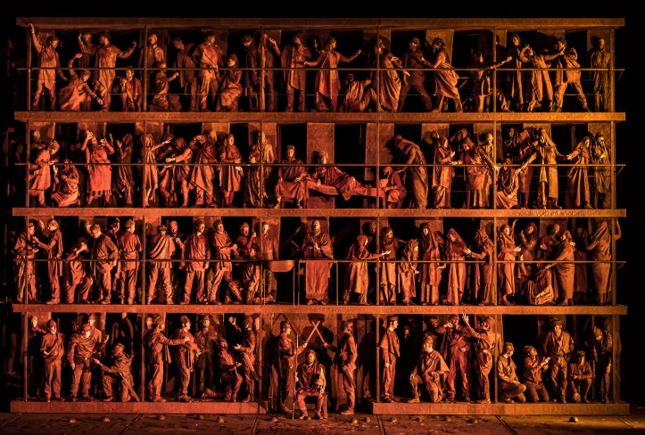 OEDIPE by Georges Enesco; Royal Opera House; Covent Garden; London, UK; 20 May 2016; Johan Reuter as Oedipe; Sarah Connolly as Jocaste; Samuel Youn as Créon; John Tomlinson as Tirésias; Sophie Bevan as Antigone; Claudia Huckle as Mérope; Marie-Nicole Lemieux as Sphinx; Alan Oke as Shepherd; Hubert Francis as Laïos; In Sung Sim as Phorbas; Nicolas Courjal as Theban High Prest; Stefan Kocan as Watchman; Samuel Dale Johnson as Thésée; Lauren Fagan as Theban Woman; Leo Hussain - Conductor; Àlex Ollé - Director; Valentina Carrasco - Associate Director; Alfons Flores - Set designer; Lluc Castells - Costume designer; Peter van Praet - Lighting designer; Photo: © ROH Photographer: CLIVE BARDA