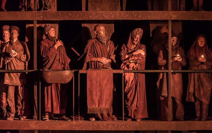 OEDIPE by Georges Enesco; Royal Opera House; Covent Garden; London, UK; 20 May 2016; left-right: Hubert Francis as Laïos; Nicolas Courjal as Theban High Prest; Sarah Connolly as Jocaste; Leo Hussain - Conductor; Àlex Ollé - Director; Valentina Carrasco - Associate Director; Alfons Flores - Set designer; Lluc Castells - Costume designer; Peter van Praet - Lighting designer; Photo: © ROH Photographer: CLIVE BARDA