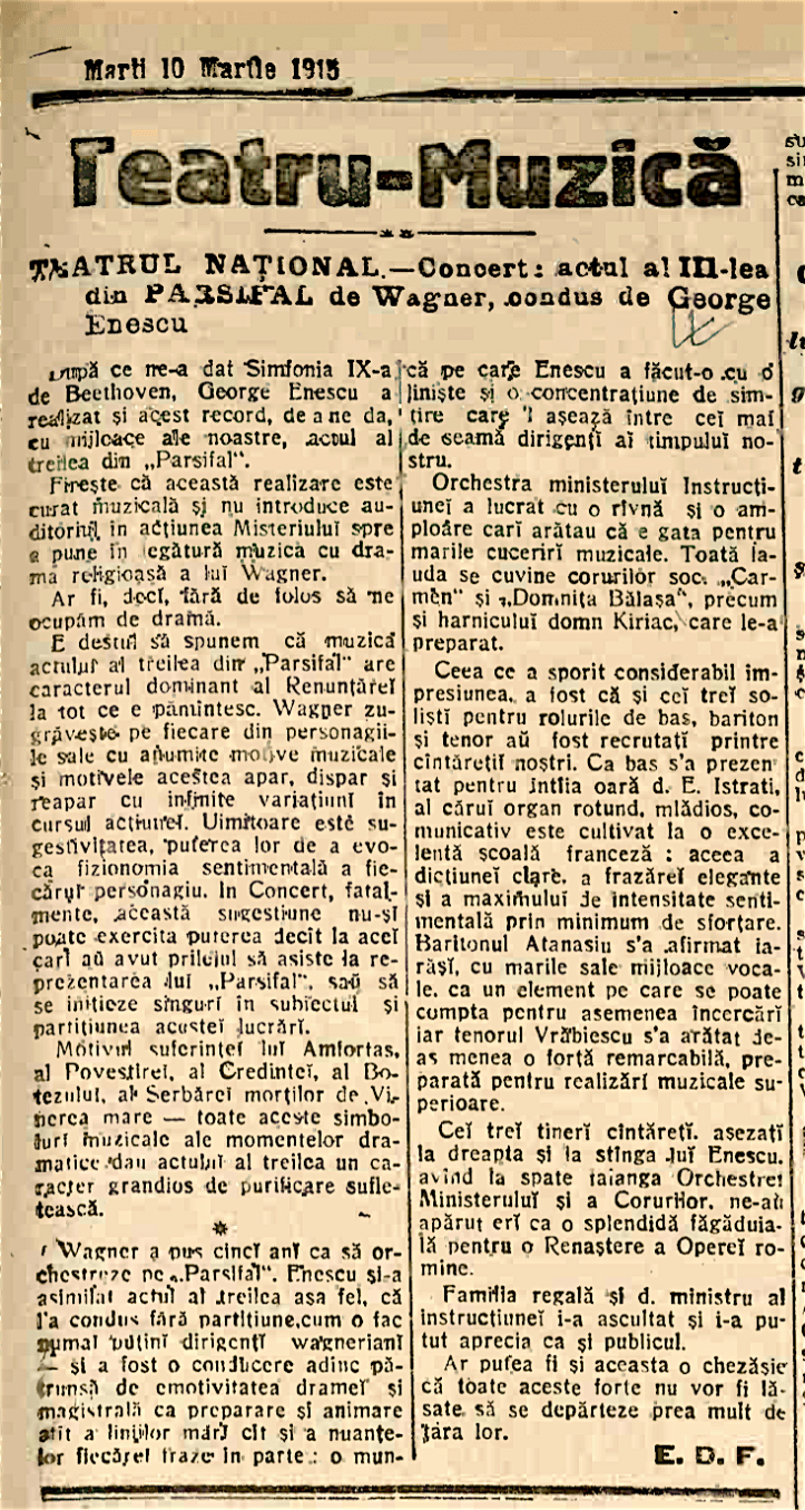 Cronica de la concertul cu Actul III al operei Parsifal din 1915 (Adevărul, 10 Martie 1915)