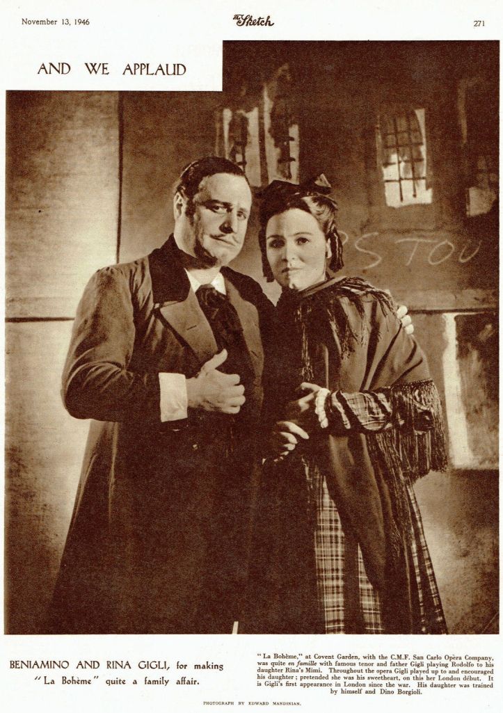 Beniamino Gigli și fiica sa, Rina, în rolurile Rodolfo și Mimì, la Covent Garden, în 1946