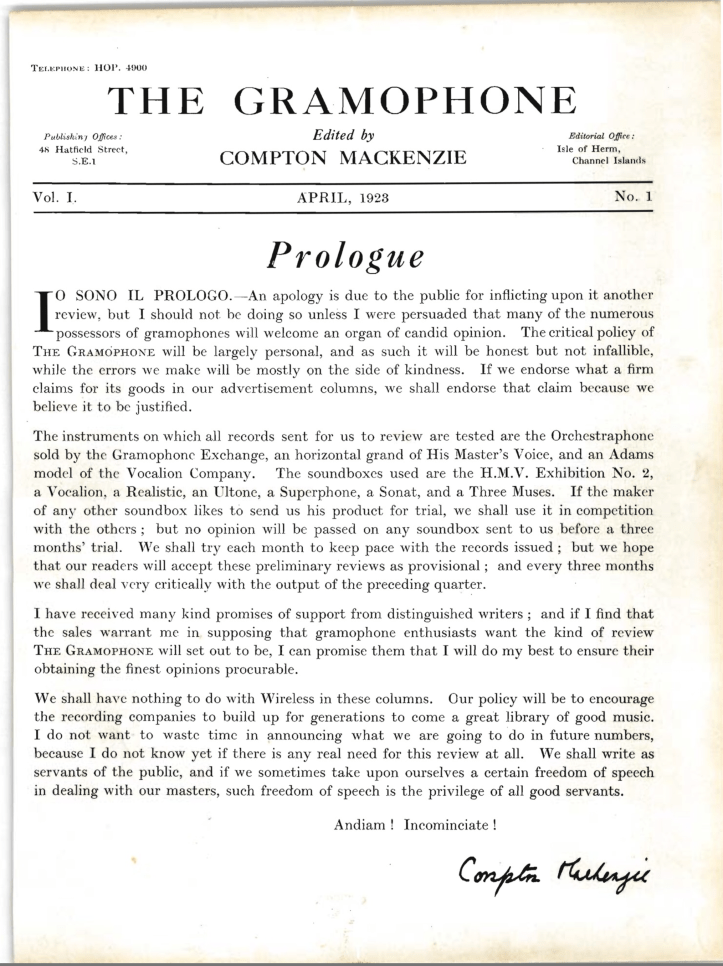 Editorialul lui Compton McKenzie din primul număr al revistei Gramophone (Aprilie 1923)